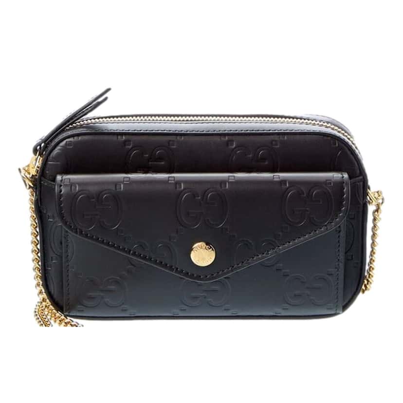 Gucci Gucci Gilbert Black Guccissima Leather Double Zip Camera Crossbody Bag Gold Chain Black Leather Never worn - Front View