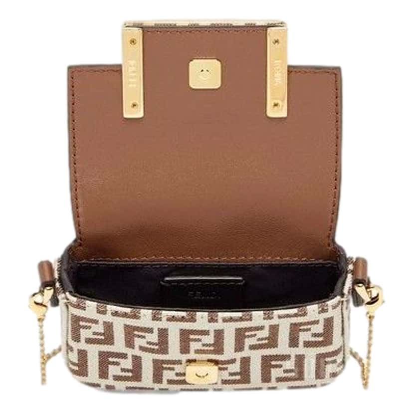 Fendi Fendi FF Canvas Nano Baguette Charm Crossbody Bag Brown White Gold Hardware Brown Leather Never worn - Model View