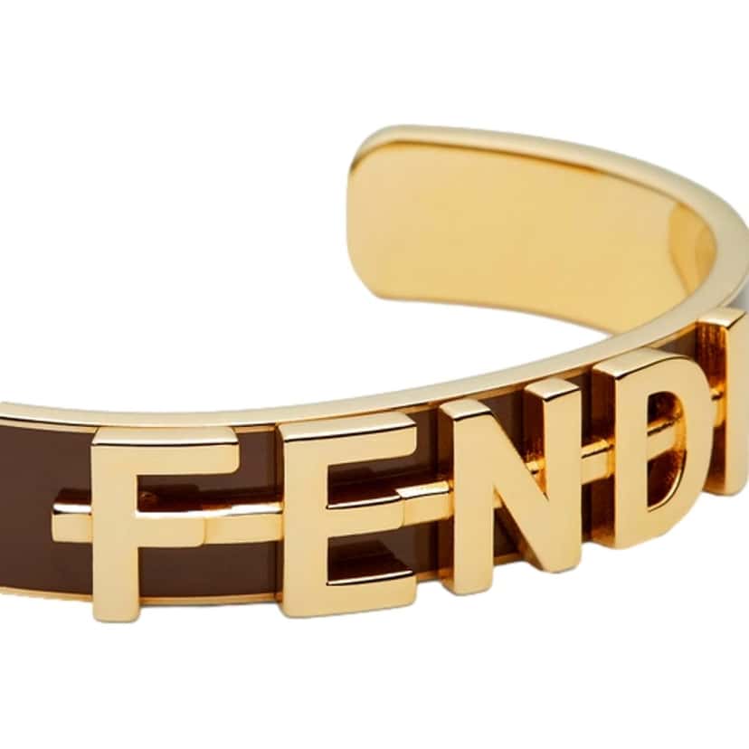 Fendi Fendi Fendigraphy Gold Tone Metal Brown Enamel Cuff Bracelet Yellow Never worn - Back View