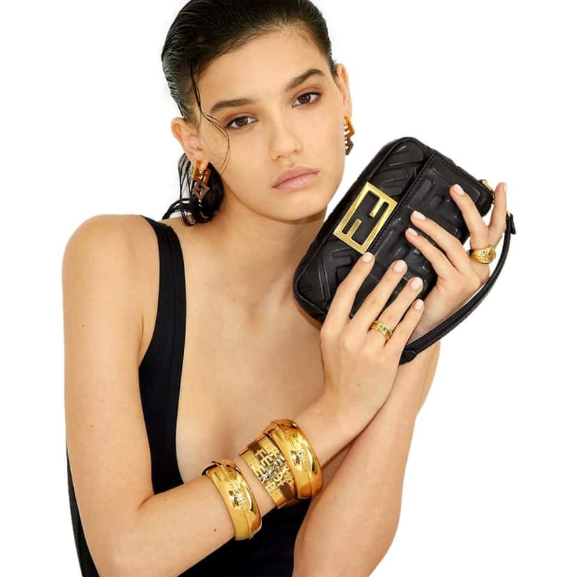 Fendi Fendi Fendigraphy Gold Tone Wide Logo Bangle Bracelet Gold Never worn - Model View