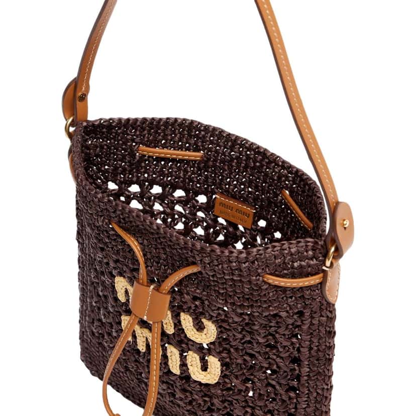 Miu Miu Miu Miu Woven Raffia Mini Bucket Bag in Chocolate Brown Brown Leather Never worn - Inside View