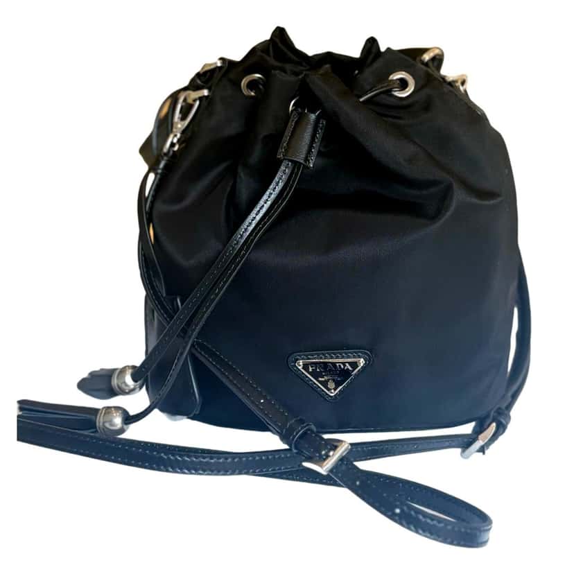 Prada Prada Re-Nylon Black Tassel Drawstring Bucket Bag Black Never worn - Front View