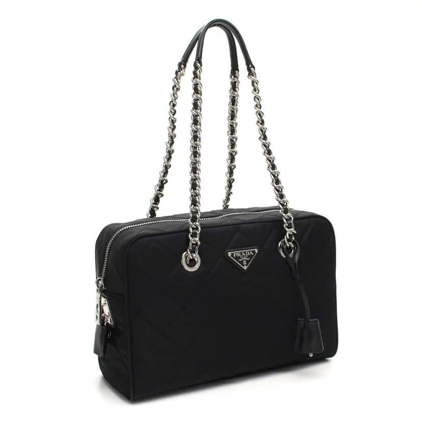 Prada Prada Black Quilted Tessuto Nylon Shoulder Bag Chain Handles Lock and Key Black Canvas Good condition - Back View