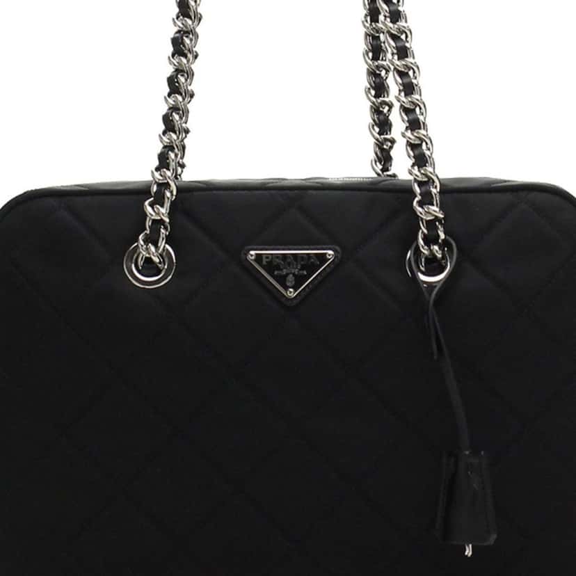 Prada Prada Black Quilted Tessuto Nylon Shoulder Bag Chain Handles Lock and Key Black Canvas Good condition - Inside View