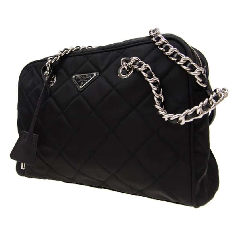 Prada Prada Black Quilted Tessuto Nylon Shoulder Bag Chain Handles Lock and Key Black Canvas Good condition - Box View