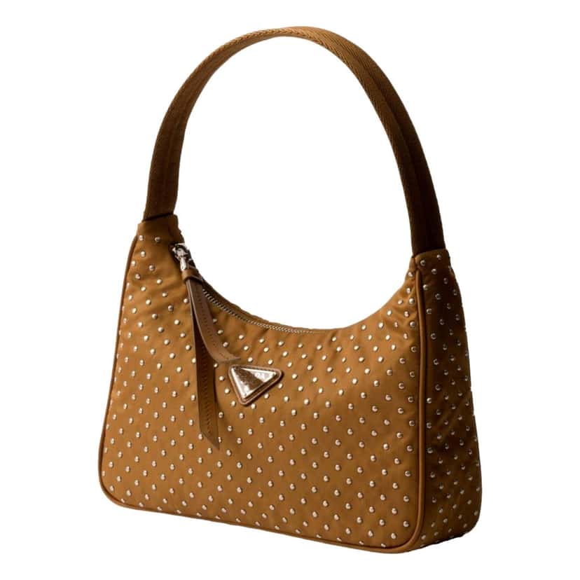 Prada Prada Re-Edition Studded Nylon Mini Shoulder Bag in Brown with Silver Hardware Brown Leather Never worn - Front View