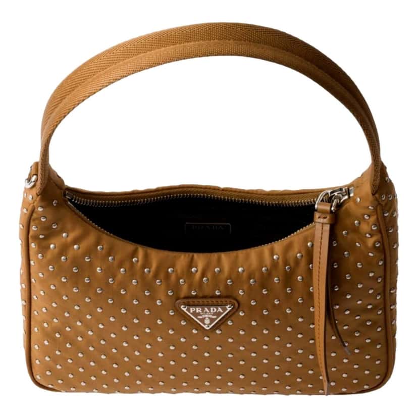Prada Prada Re-Edition Studded Nylon Mini Shoulder Bag in Brown with Silver Hardware Brown Leather Never worn - Back View