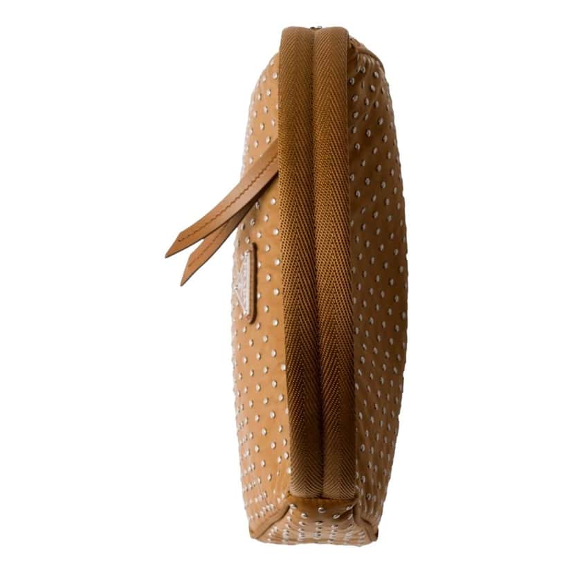 Prada Prada Re-Edition Studded Nylon Mini Shoulder Bag in Brown with Silver Hardware Brown Leather Never worn - Model View