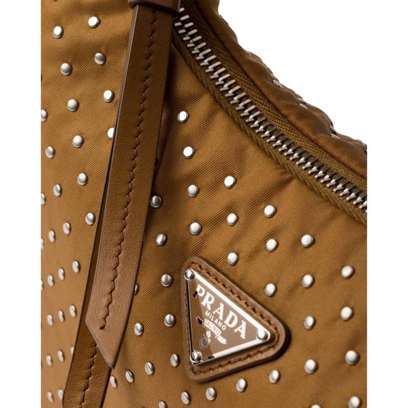 Prada Prada Re-Edition Studded Nylon Mini Shoulder Bag in Brown with Silver Hardware Brown Leather Never worn - Box View