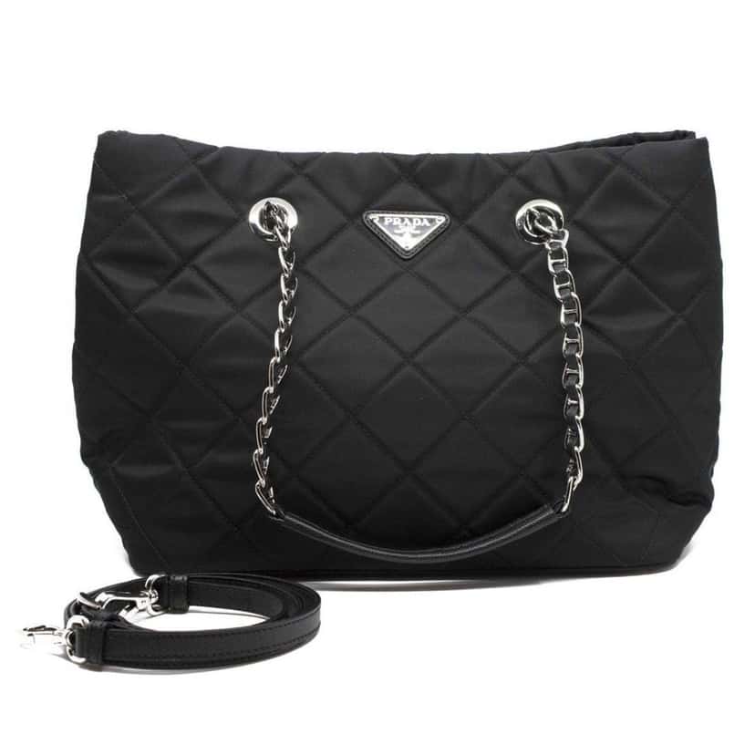 Prada Prada Black Quilted Tessuto Chain Shoulder Bag Tote Black Canvas Good condition - Back View