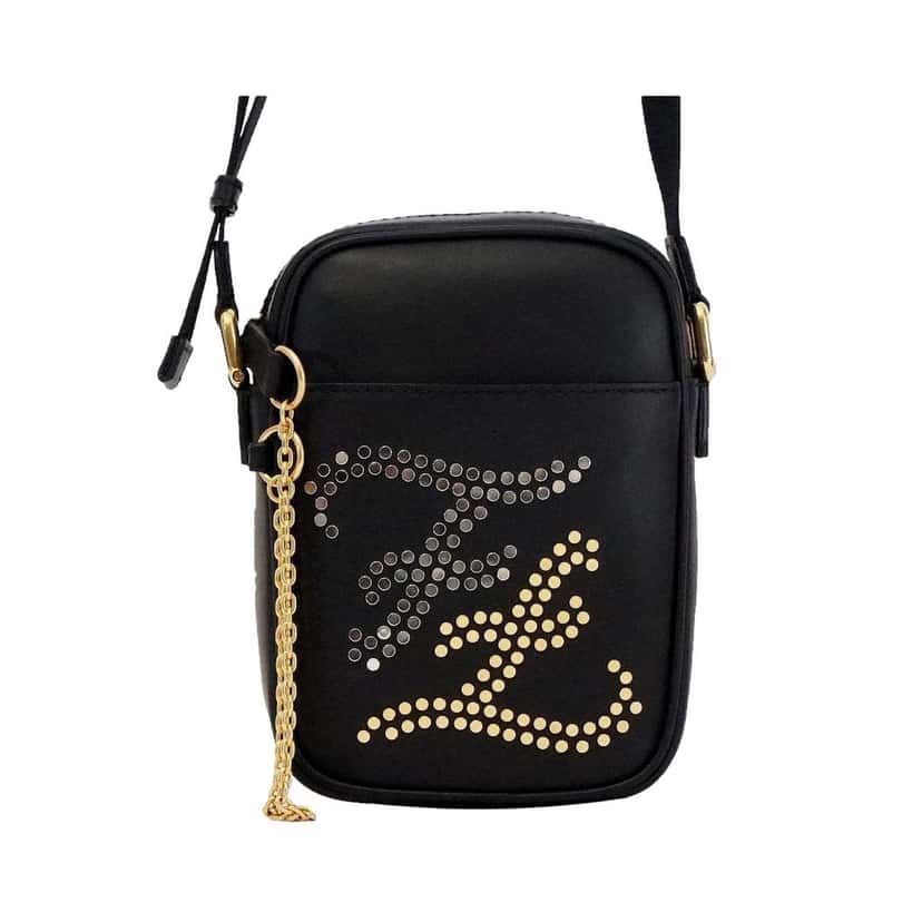 Fendi Fendi Karligraphy Studded Black Leather Small Crossbody Bag Black Leather Never worn - Front View