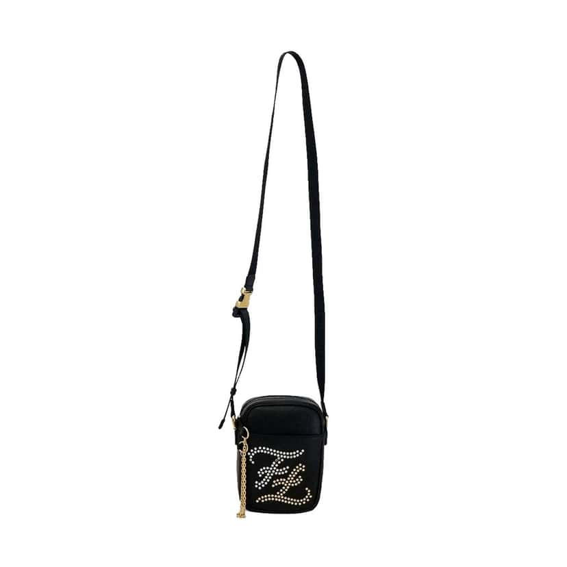 Fendi Fendi Karligraphy Studded Black Leather Small Crossbody Bag Black Leather Never worn - Back View