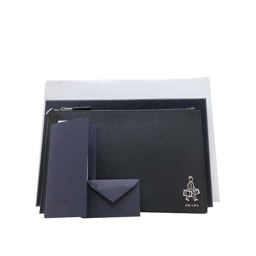 Prada Prada Black Saffiano Voyage Leather Clutch Document Holder Black Canvas Good condition - Box View