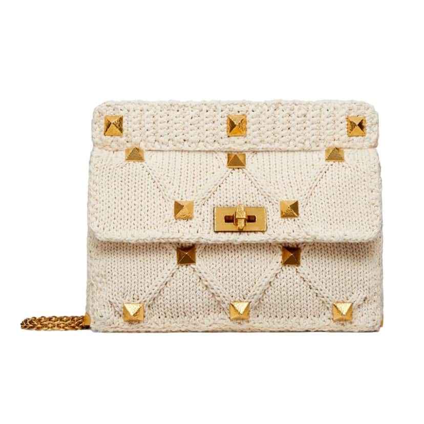 Valentino Garavani Valentino Garavani Roman Stud Large Shoulder Bag Ivory Knit Cashmere White Canvas Never worn - Front View