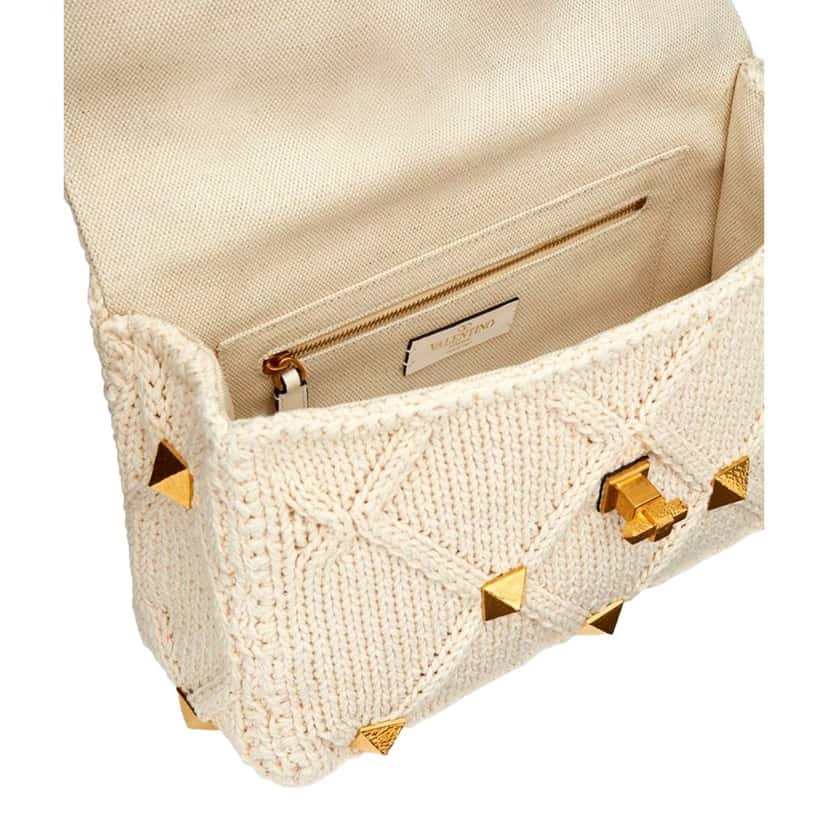 Valentino Garavani Valentino Garavani Roman Stud Large Shoulder Bag Ivory Knit Cashmere White Canvas Never worn - Box View