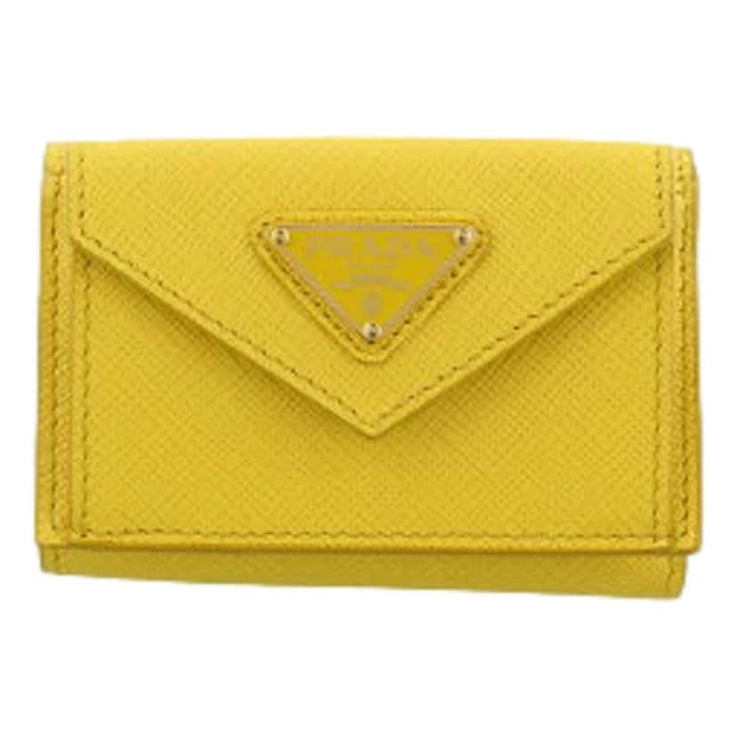 Prada Prada Womens Tri-Fold Saffiano Leather Wallet Sole Yellow Triangle Logo Yellow Leather Never worn - Back View
