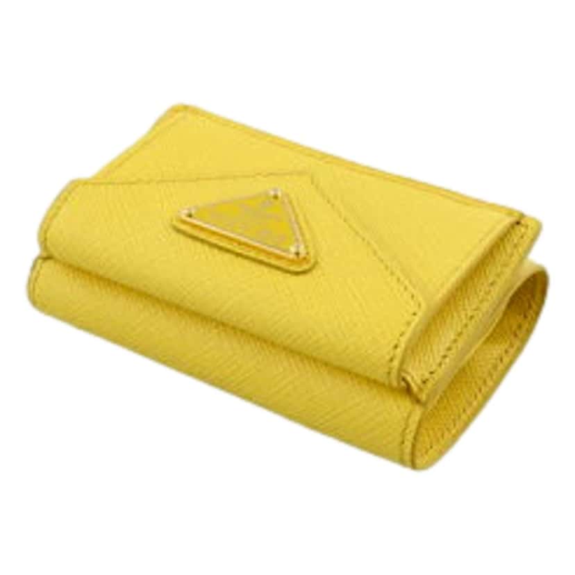 Prada Prada Womens Tri-Fold Saffiano Leather Wallet Sole Yellow Triangle Logo Yellow Leather Never worn - Model View