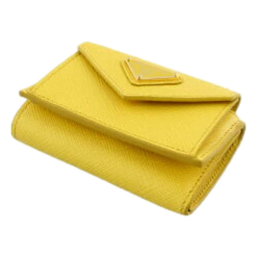 Prada Prada Womens Tri-Fold Saffiano Leather Wallet Sole Yellow Triangle Logo Yellow Leather Never worn - Box View