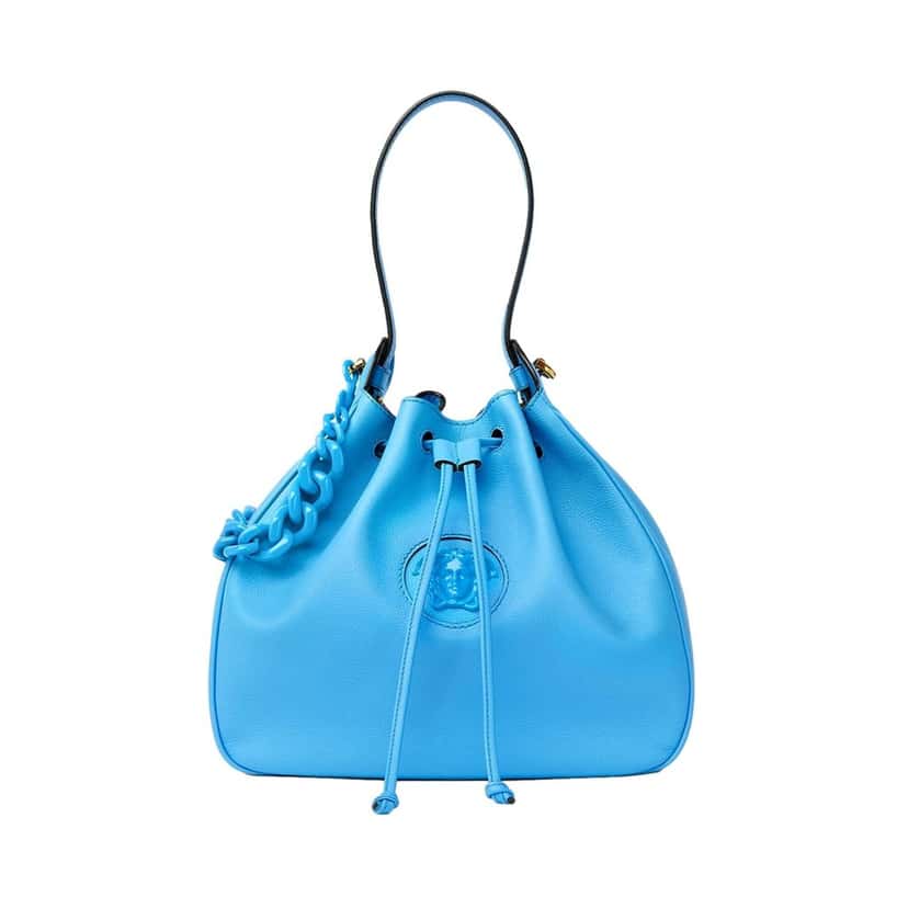 Versace Versace La Medusa Blue Textured Leather Bucket Bag Gold Hardware Chain Strap Blue Leather Never worn - Front View