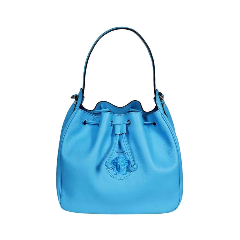 Versace Versace La Medusa Blue Textured Leather Bucket Bag Gold Hardware Chain Strap Blue Leather Never worn - Model View