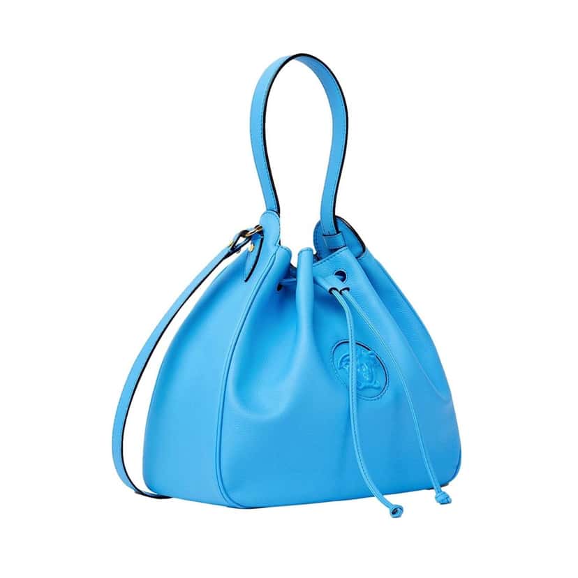 Versace Versace La Medusa Blue Textured Leather Bucket Bag Gold Hardware Chain Strap Blue Leather Never worn - Box View