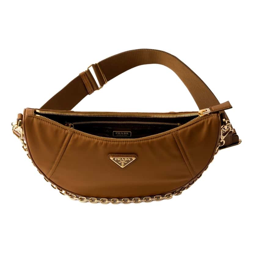 Prada Prada Demi Lune Re-Nylon Crescent Shoulder Bag in Brown Brown Never worn - Model View