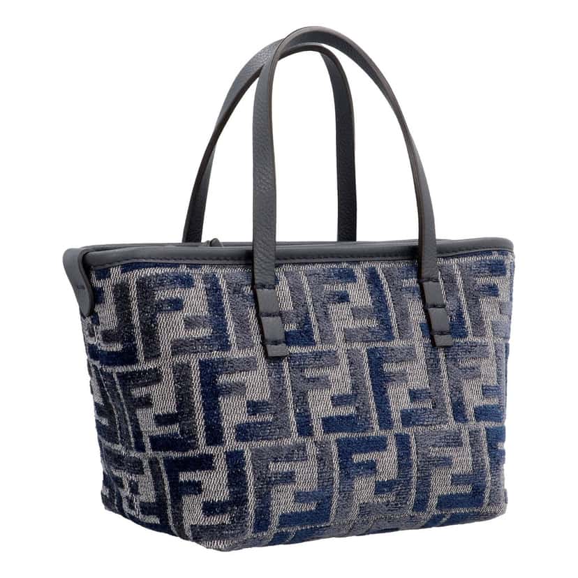 Fendi Fendi Mini Roll FF Shopping Tote Blue Gray Chenille Small Handbag Blue Leather Never worn - Back View