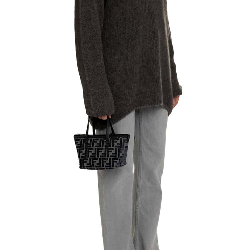 Fendi Fendi Mini Roll FF Shopping Tote Blue Gray Chenille Small Handbag Blue Leather Never worn - Box View