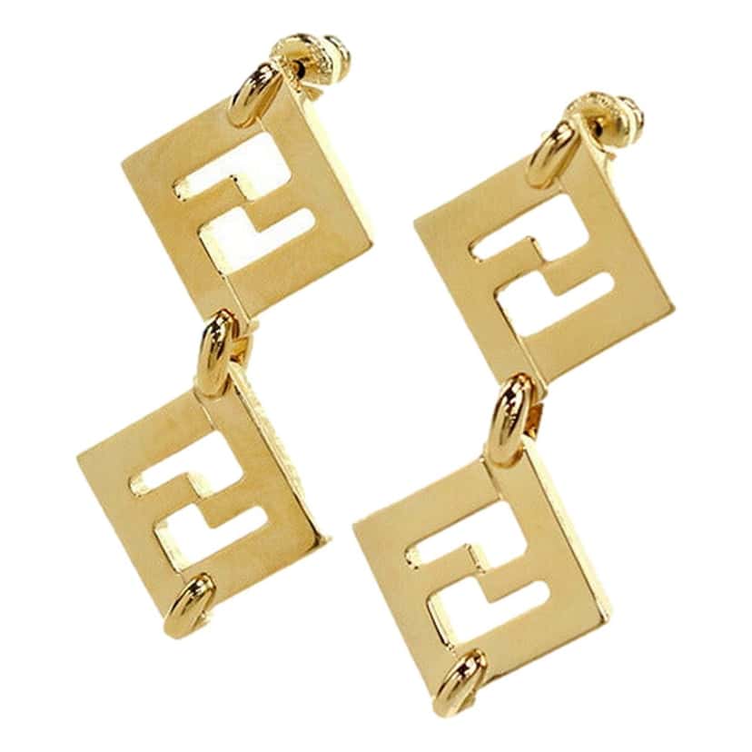 Fendi Fendi Forever FF Gold Tone Metal Dangle Stud Earrings Yellow Never worn - Model View