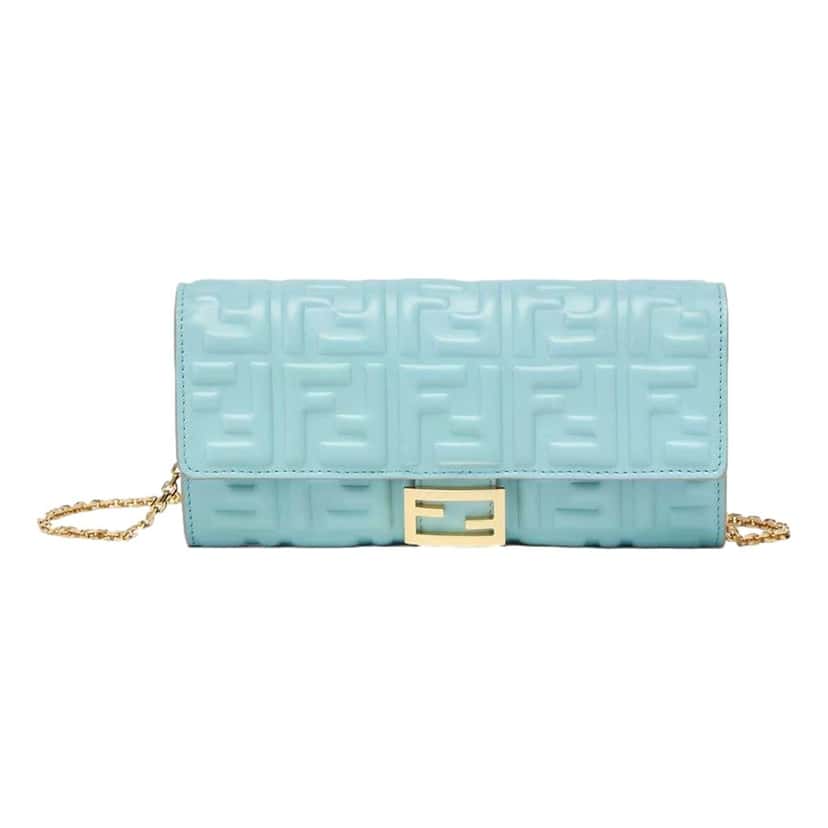 Fendi Fendi Baguette FF Embossed Lambskin Wallet on a Chain Crossbody in Light Blue Blue Leather Never worn - Front View