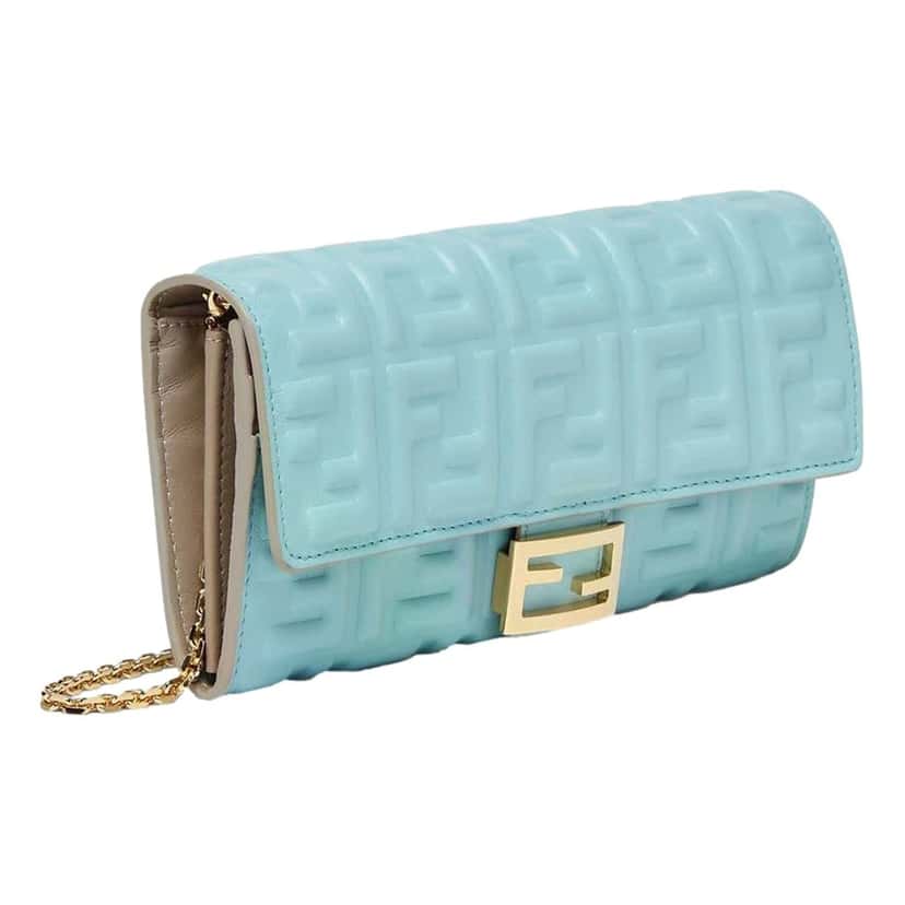 Fendi Fendi Baguette FF Embossed Lambskin Wallet on a Chain Crossbody in Light Blue Blue Leather Never worn - Back View