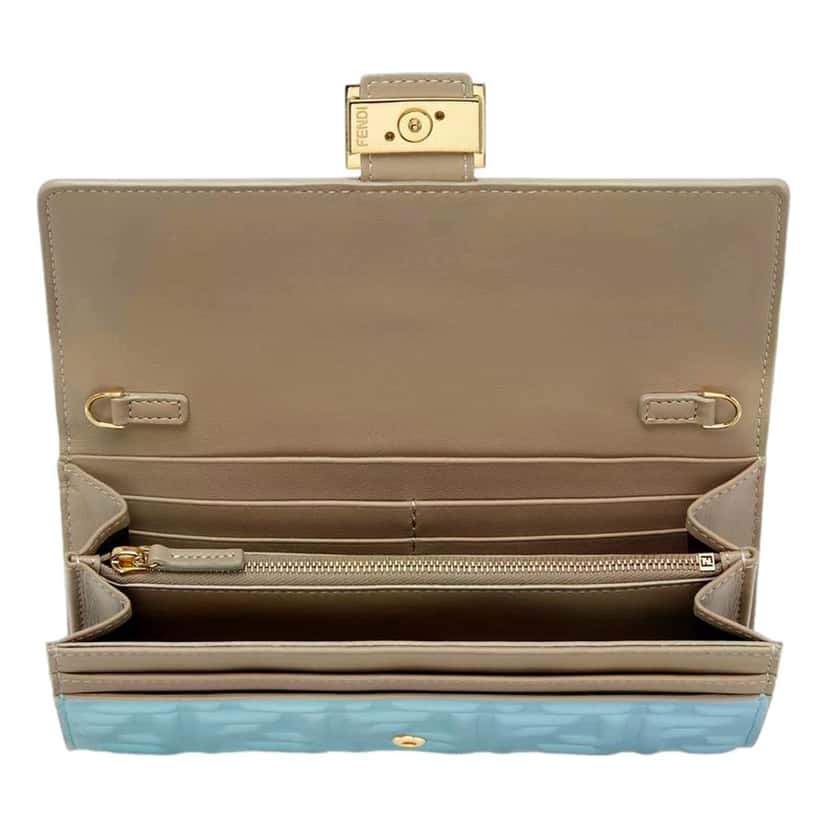 Fendi Fendi Baguette FF Embossed Lambskin Wallet on a Chain Crossbody in Light Blue Blue Leather Never worn - Model View