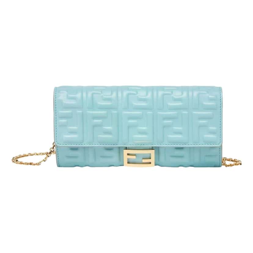 Fendi Fendi Baguette FF Embossed Lambskin Wallet on a Chain Crossbody in Light Blue Blue Leather Never worn - Box View