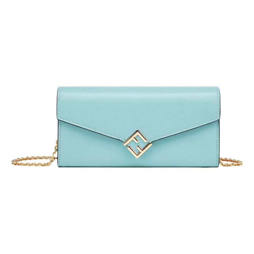 Fendi Fendi FF Diamonds Light Blue Calfskin Leather Continental Wallet on Chain Gold Hardware Blue Leather Never worn - Front View