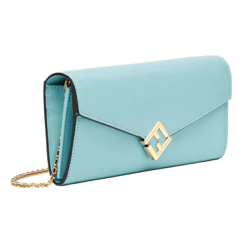 Fendi Fendi FF Diamonds Light Blue Calfskin Leather Continental Wallet on Chain Gold Hardware Blue Leather Never worn - Back View