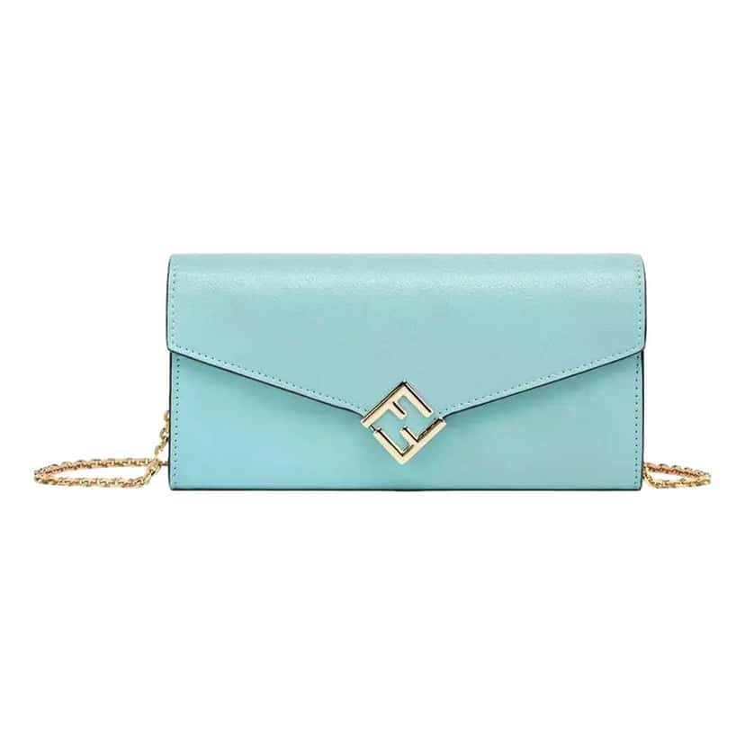 Fendi Fendi FF Diamonds Light Blue Calfskin Leather Continental Wallet on Chain Gold Hardware Blue Leather Never worn - Box View