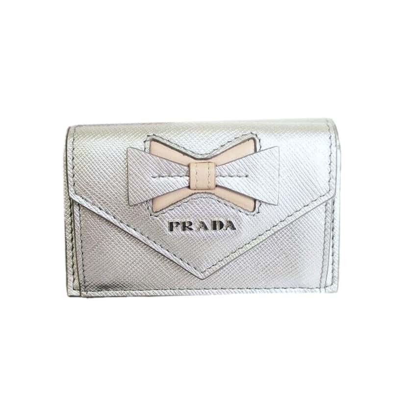 Prada Prada Ribbon Saffiano Metallic Silver and Beige Leather Trifold Wallet Silver Leather Never worn - Front View