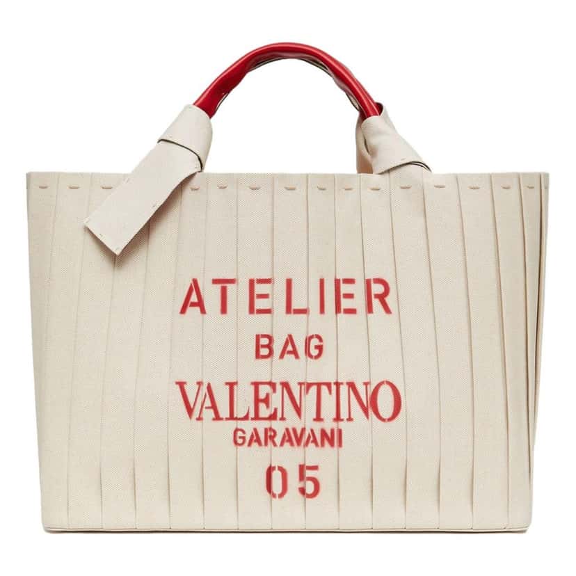 Valentino Garavani Valentino Garavani 05 Plissé Edition Sac Atelier Large Canvas Tote Bag Beige Red Trim Beige Canvas Good condition - Front View