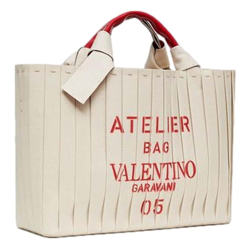 Valentino Garavani Valentino Garavani 05 Plissé Edition Sac Atelier Large Canvas Tote Bag Beige Red Trim Beige Canvas Good condition - Back View