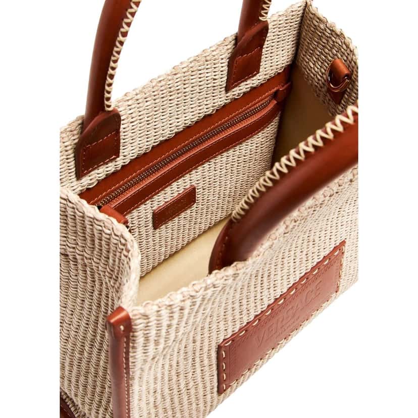 Versace Versace Athena Raffia Small Shopper Tote Beige Leather Trim Shoulder Bag Brown Leather Never worn - Model View