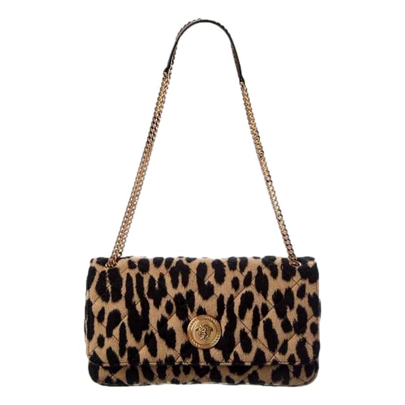 Versace Versace Leopard Print Wool Leather Shoulder Bag Gold Medallion Chain Strap Brown Wool Never worn - Front View