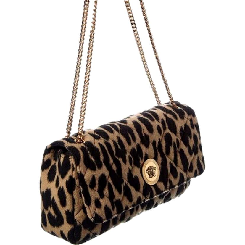 Versace Versace Leopard Print Wool Leather Shoulder Bag Gold Medallion Chain Strap Brown Wool Never worn - Back View