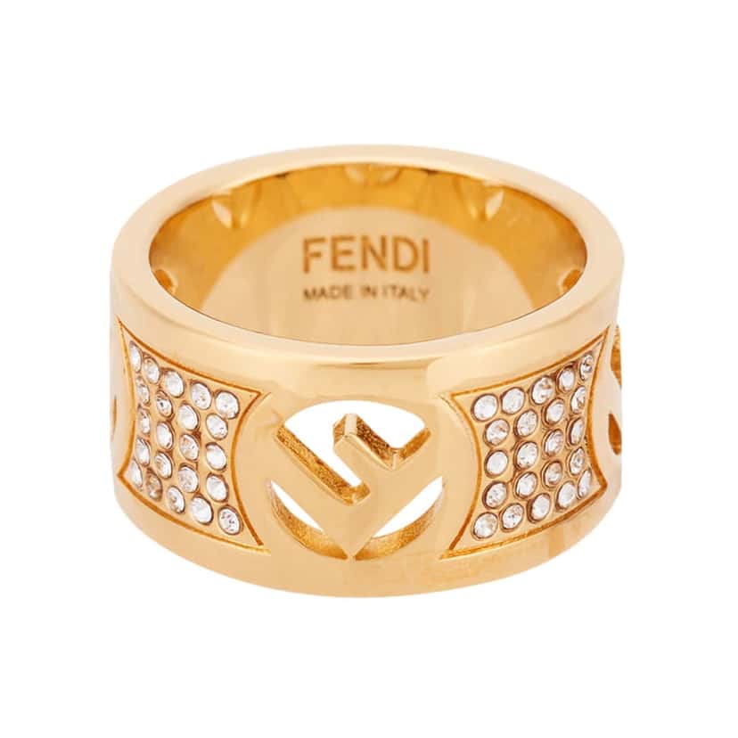 Fendi Fendi F is Fendi Logo Ring Wide Band Crystal Gold Metal Size Medium Gold Never worn - Front View