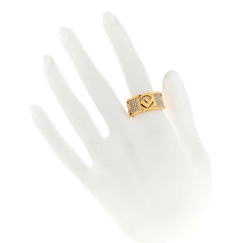 Fendi Fendi F is Fendi Logo Ring Wide Band Crystal Gold Metal Size Medium Gold Never worn - Model View