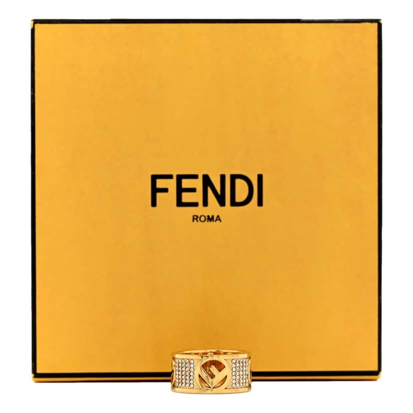 Fendi Fendi F is Fendi Logo Ring Wide Band Crystal Gold Metal Size Medium Gold Never worn - Box View