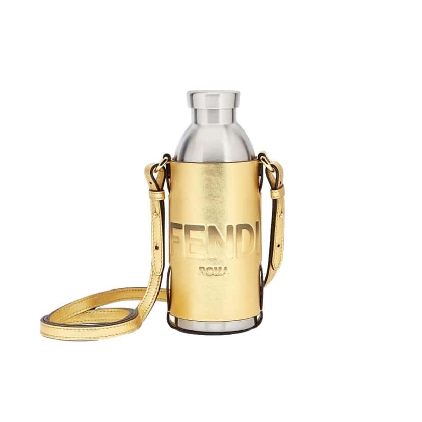 Fendi Fendi Roma Logo Steel Bottle and Gold Leather Holder Set Gold Leather Never worn - Front View