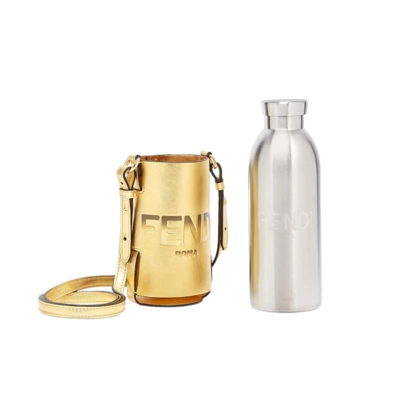 Fendi Fendi Roma Logo Steel Bottle and Gold Leather Holder Set Gold Leather Never worn - Back View