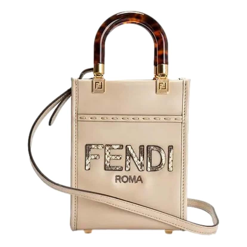 Fendi Fendi Mini Sunshine Shopper Tote Crossbody Nude Calfskin Snake Print Beige Leather Never worn - Front View