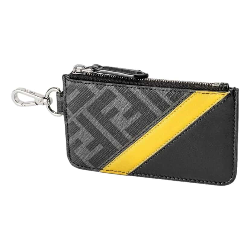 Fendi Fendi Diagonal Black Sunflower Yellow Calf Leather Coincase Keychain Wallet Black Canvas Never worn - Front View