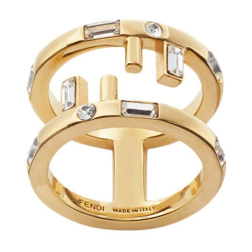 Fendi Fendi First Gold Finish Metal and White Crystal Small Fashion Ring Gold Never worn - Front View